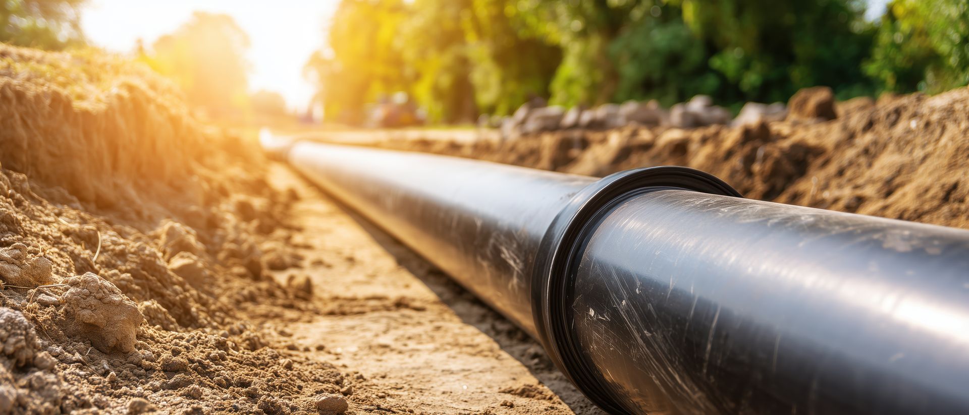 Un pipeline noir traverse une tranchée de terre au coucher du soleil.