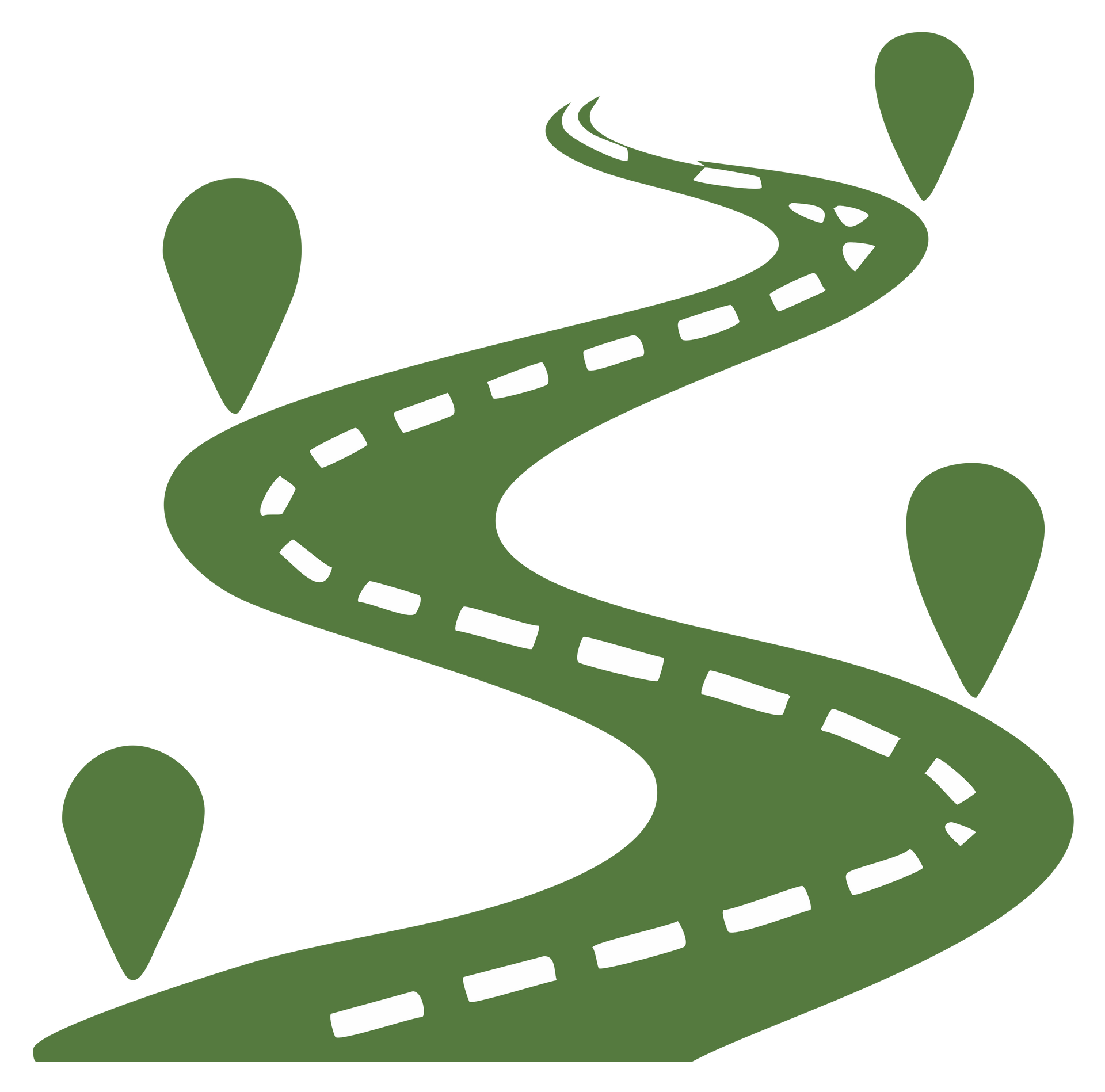 Route verte avec marquages blancs au sol et punaises sur fond blanc.