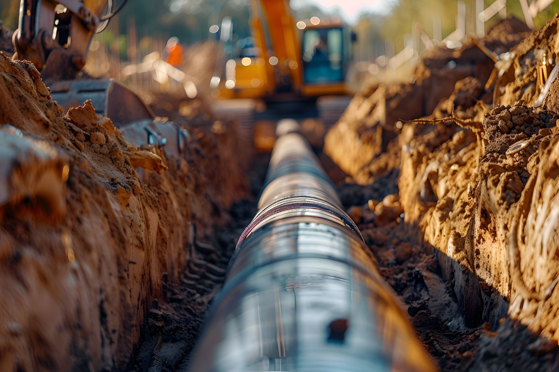 Des ouvriers installent un grand pipeline dans une tranchée de terre sur un chantier de construction.