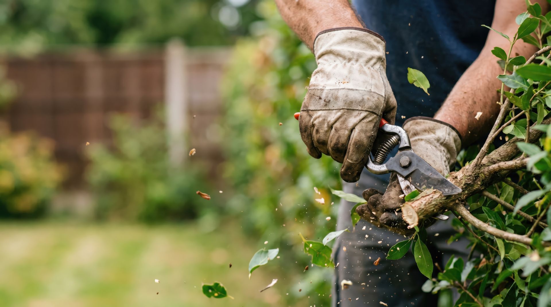 Des mains gantées utilisent un sécateur pour tailler un arbuste feuillu dans un jardin.