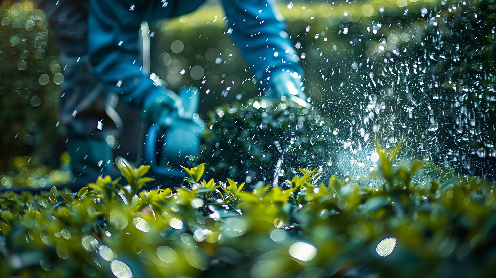 Des mains gantées arrosent des plantes vertes dans un jardin, les gouttelettes captant la lumière.