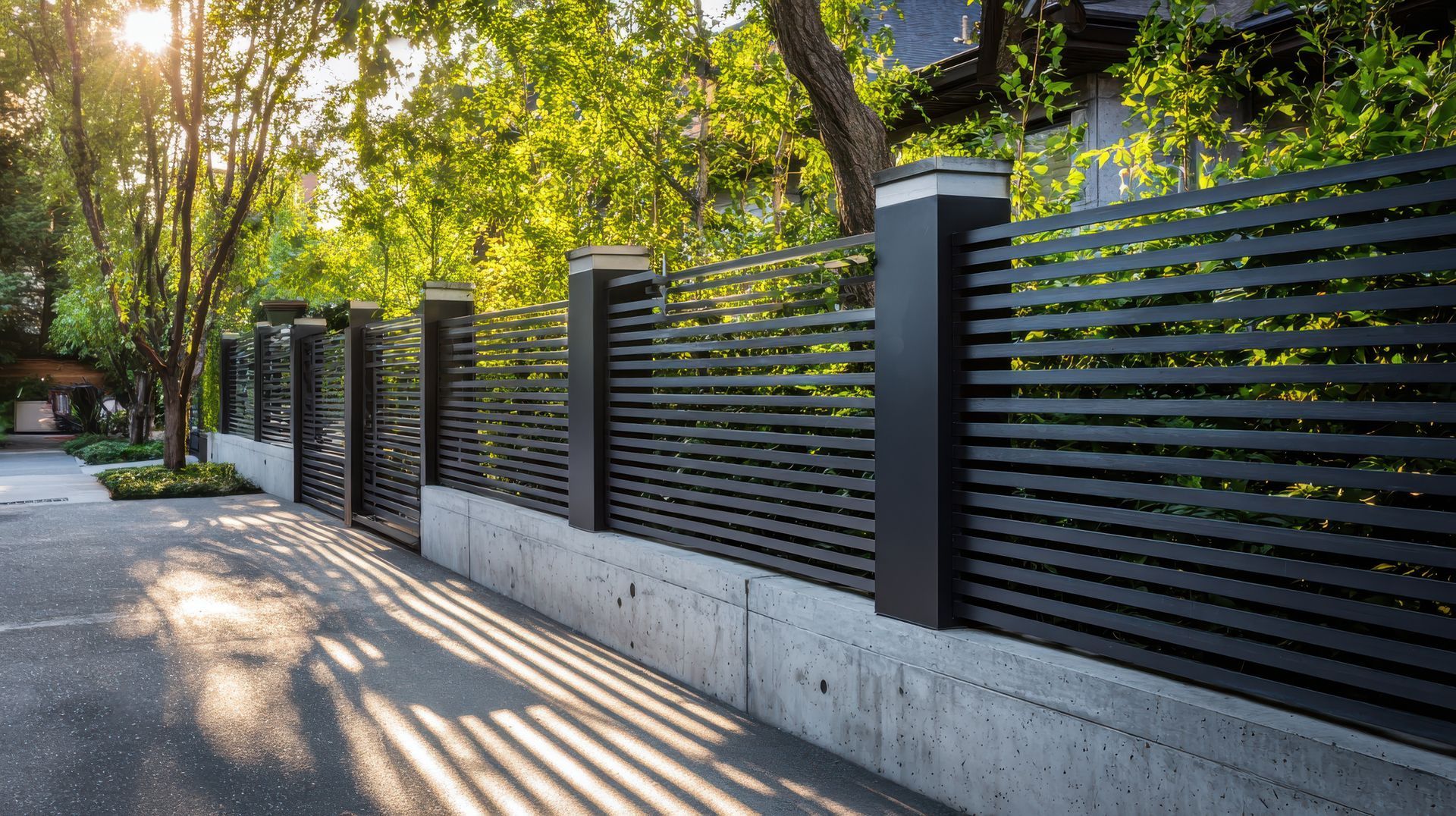 Clôture moderne en métal noir le long d'un trottoir incurvé dans un quartier résidentiel arboré.