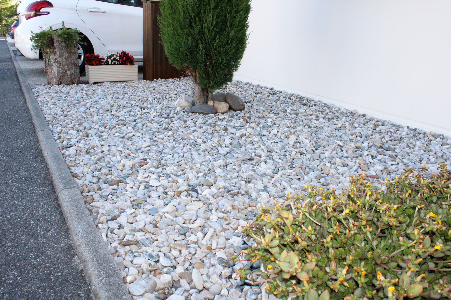 Cour avant avec gravier blanc, plante en pot, grand arbuste et partie d'une voiture blanche au bord de la route.