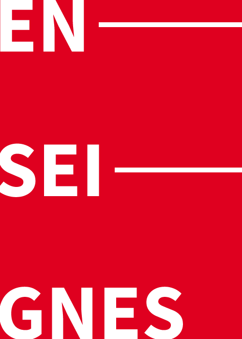 Fond rouge avec texte blanc tronqué indiquant ENSEIGNES avec des lignes horizontales.
