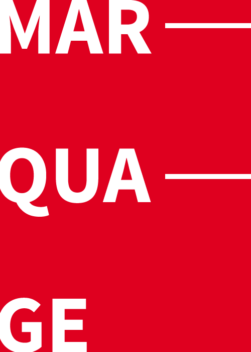 Fond rouge avec texte blanc : MARQUAGE empilés verticalement.