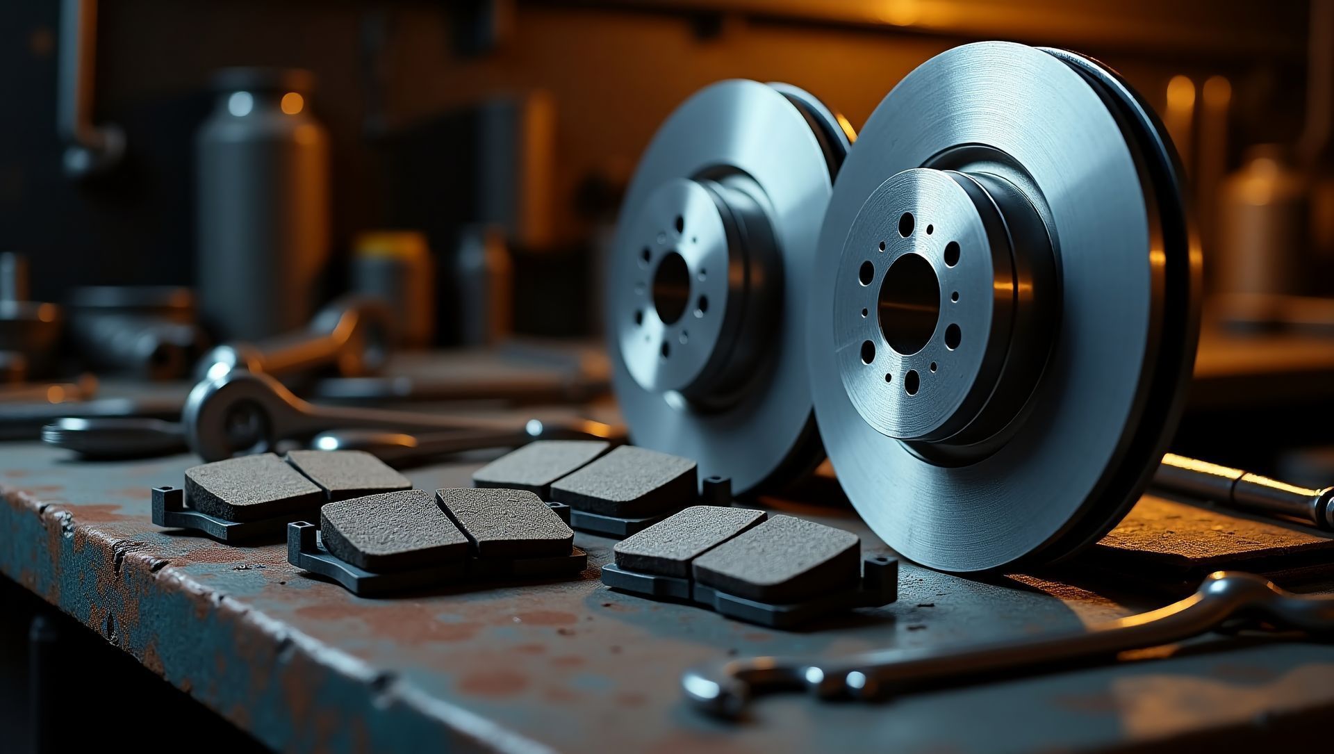 Disques et plaquettes de frein sur un établi dans un atelier de mécanique.