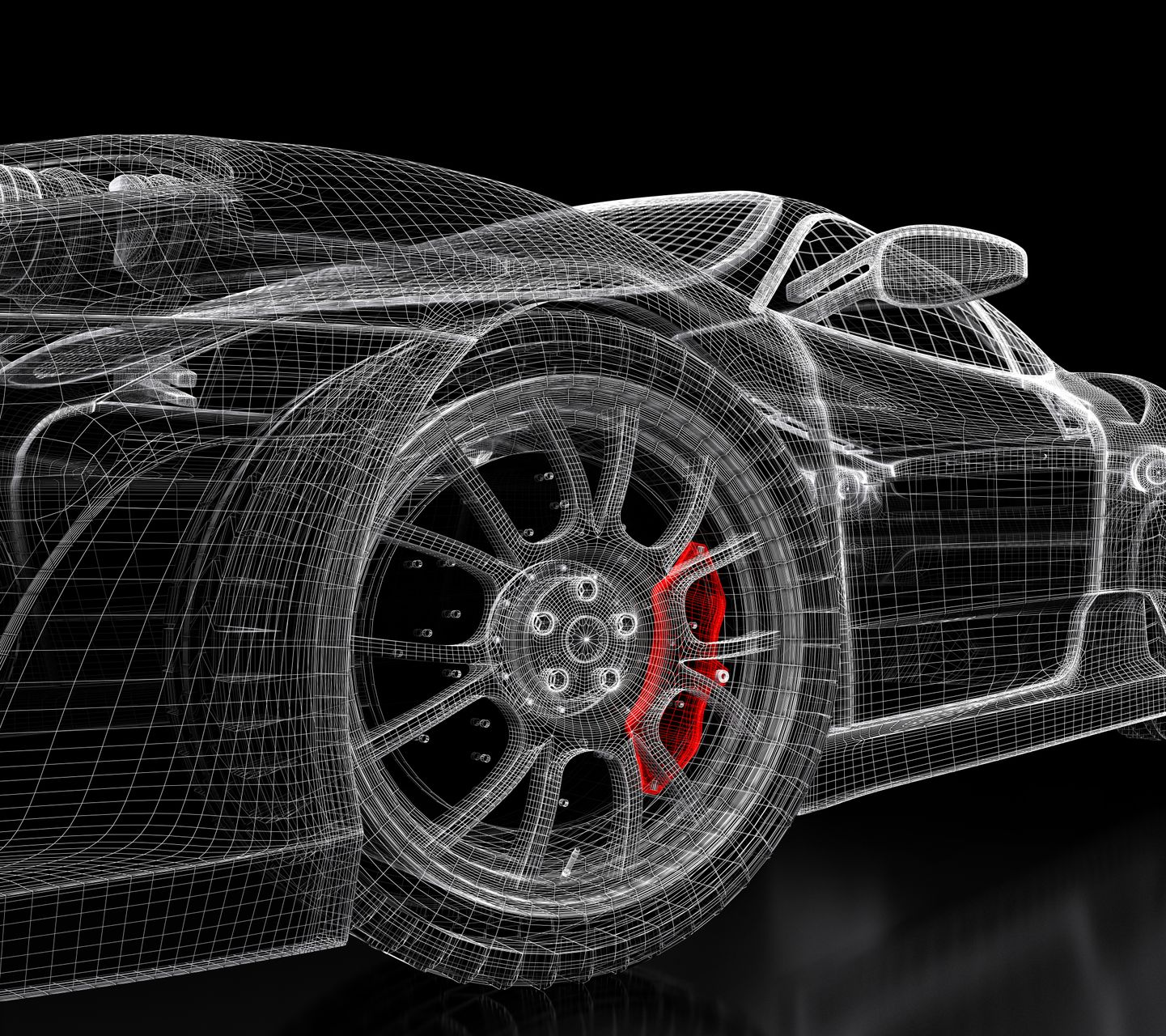 Modèle filaire d'une voiture de sport avec étriers de frein rouges, sur fond noir.