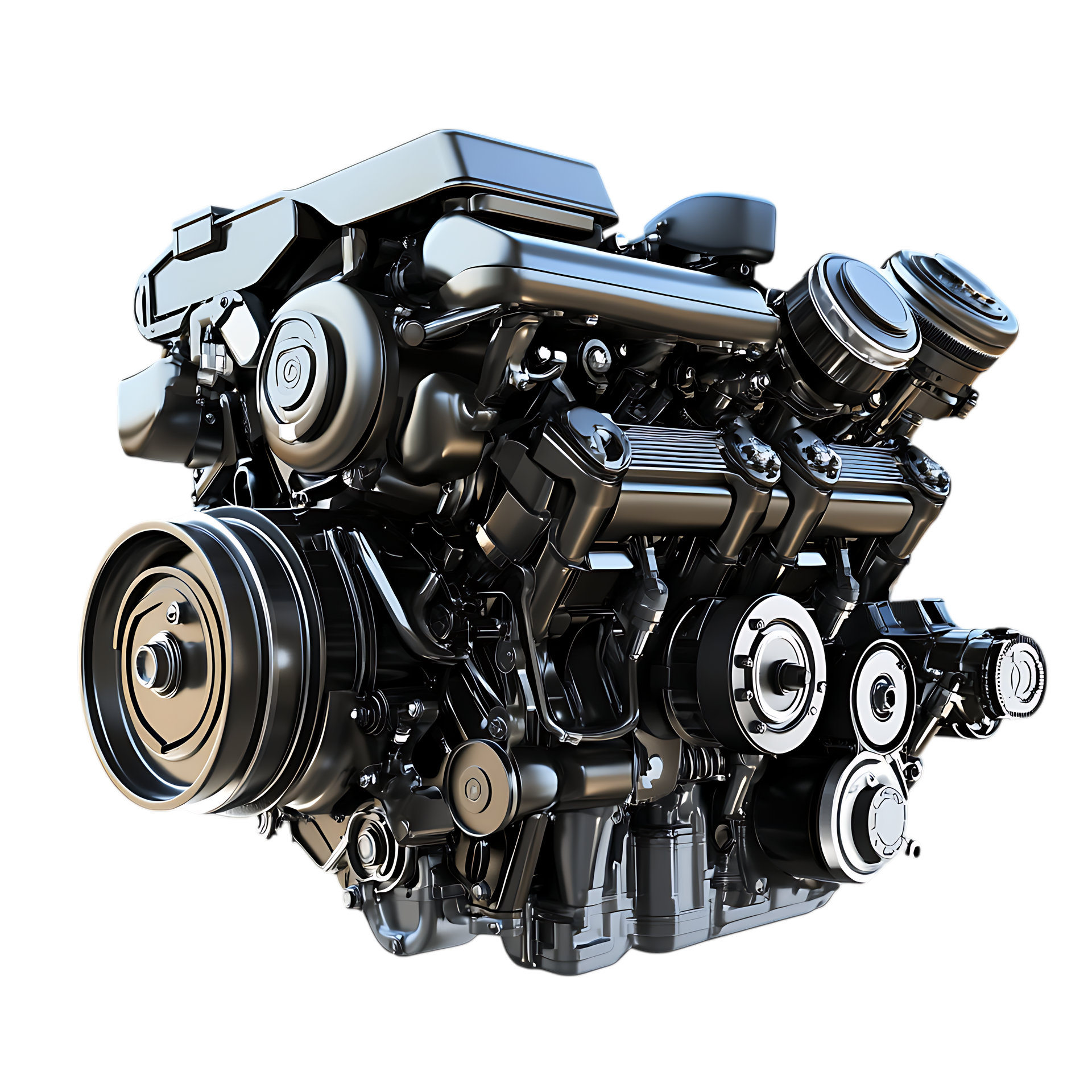 Moteur de voiture noire, mécanisme complexe avec diverses poulies et courroies.