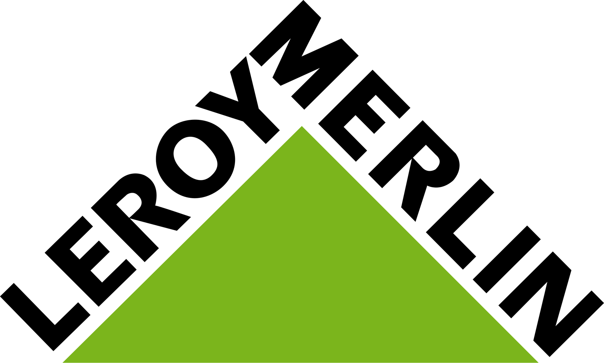 Logo Leroy Merlin : texte noir sur triangle vert.