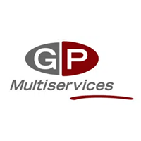 Logo pour GP Multiservices : Ovale gris avec « G » et « P », un côté rouge, texte « Multiservices » en dessous.