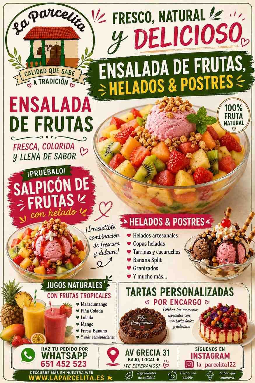 Sundae de helado colorido en un vaso transparente con barquillos, crema batida y cobertura de frutas.