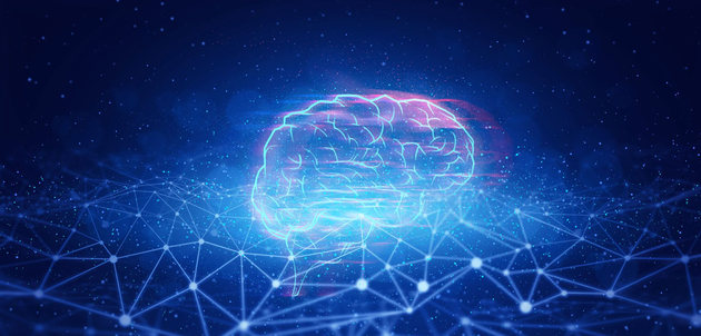 Leuchtendes digitales Gehirn über einem blauen Netzwerkgitter auf dunklem Hintergrund