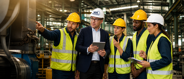 Arbeiter in Schutzhelmen und Sicherheitswesten besprechen mithilfe eines Tablets die Bauplanung auf einer Baustelle.