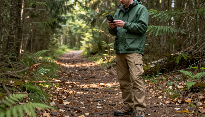 Una persona con una chaqueta verde y pantalones cargo color canela está de pie en un sendero boscoso.