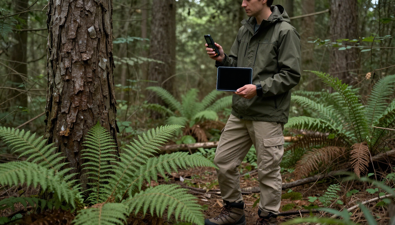 Una persona con chaqueta verde y pantalones color canela se encuentra en un bosque, sosteniendo una tableta.