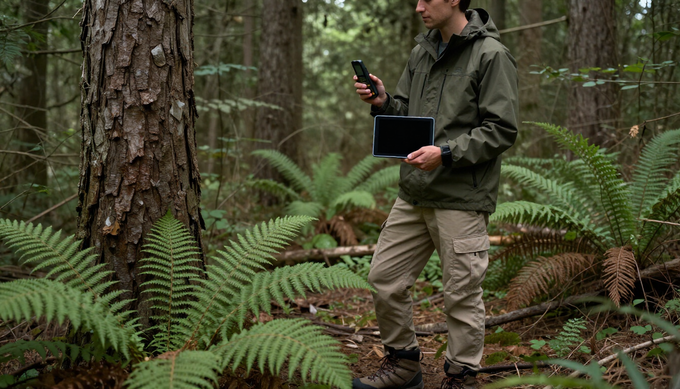 Una persona con chaqueta verde y pantalones color canela se encuentra en un bosque, sosteniendo una tableta .