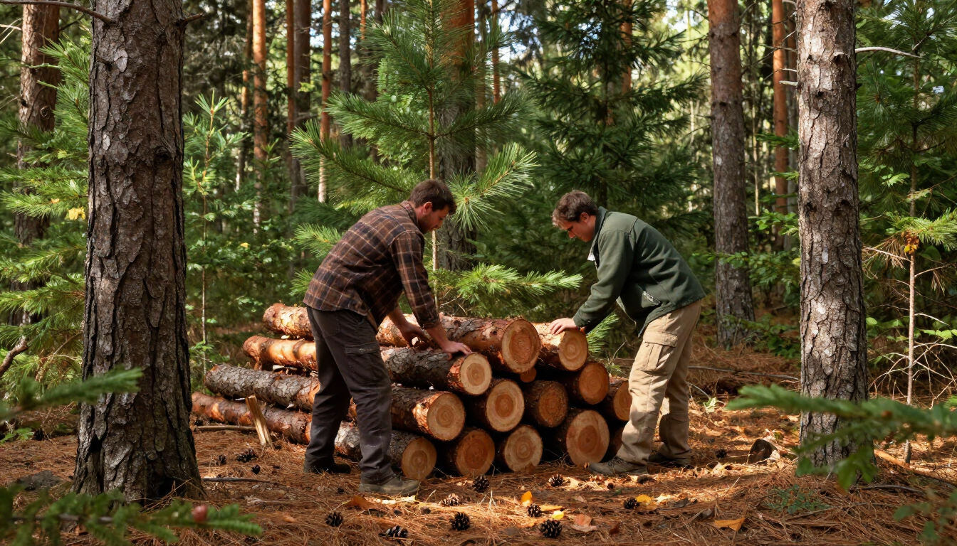 Dos personas con ropa de trabajo apilan troncos en un bosque.