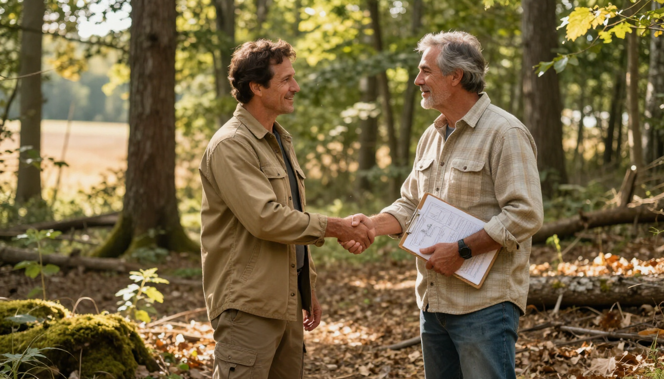 Dos personas vestidas de manera informal se dan la mano en un bosque soleado; una de ellas sostiene un portapapeles.