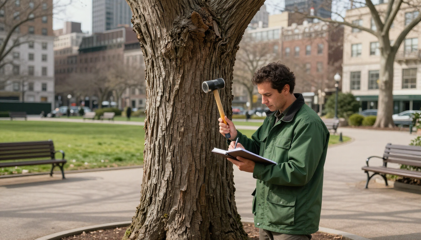 Dos personas vestidas de manera informal se dan la mano en un bosque soleado; una de ellas sostiene un portapapeles.