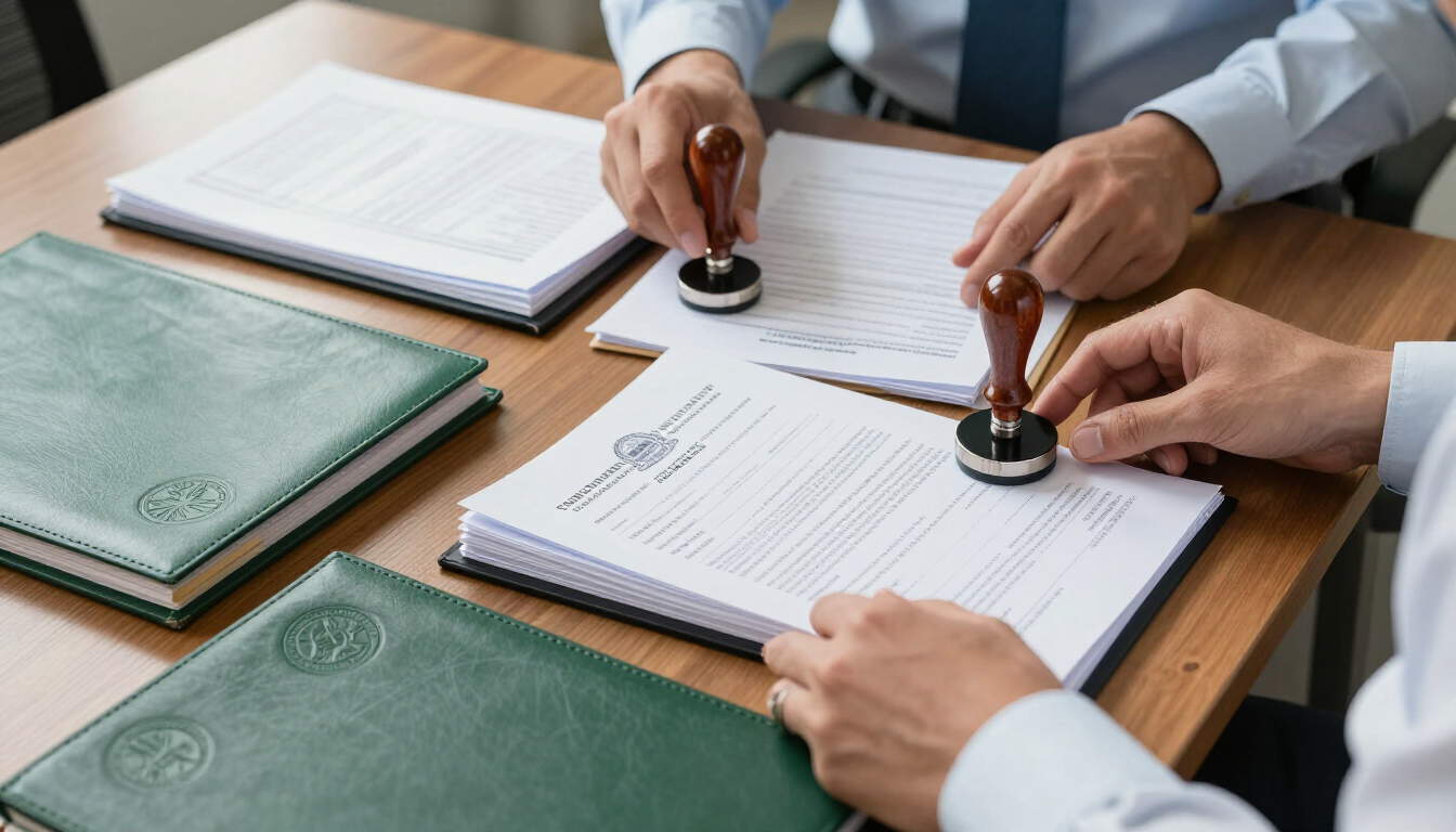 Dos personas vestidas de manera informal se dan la mano en un bosque soleado; una de ellas sostiene un portapapeles.