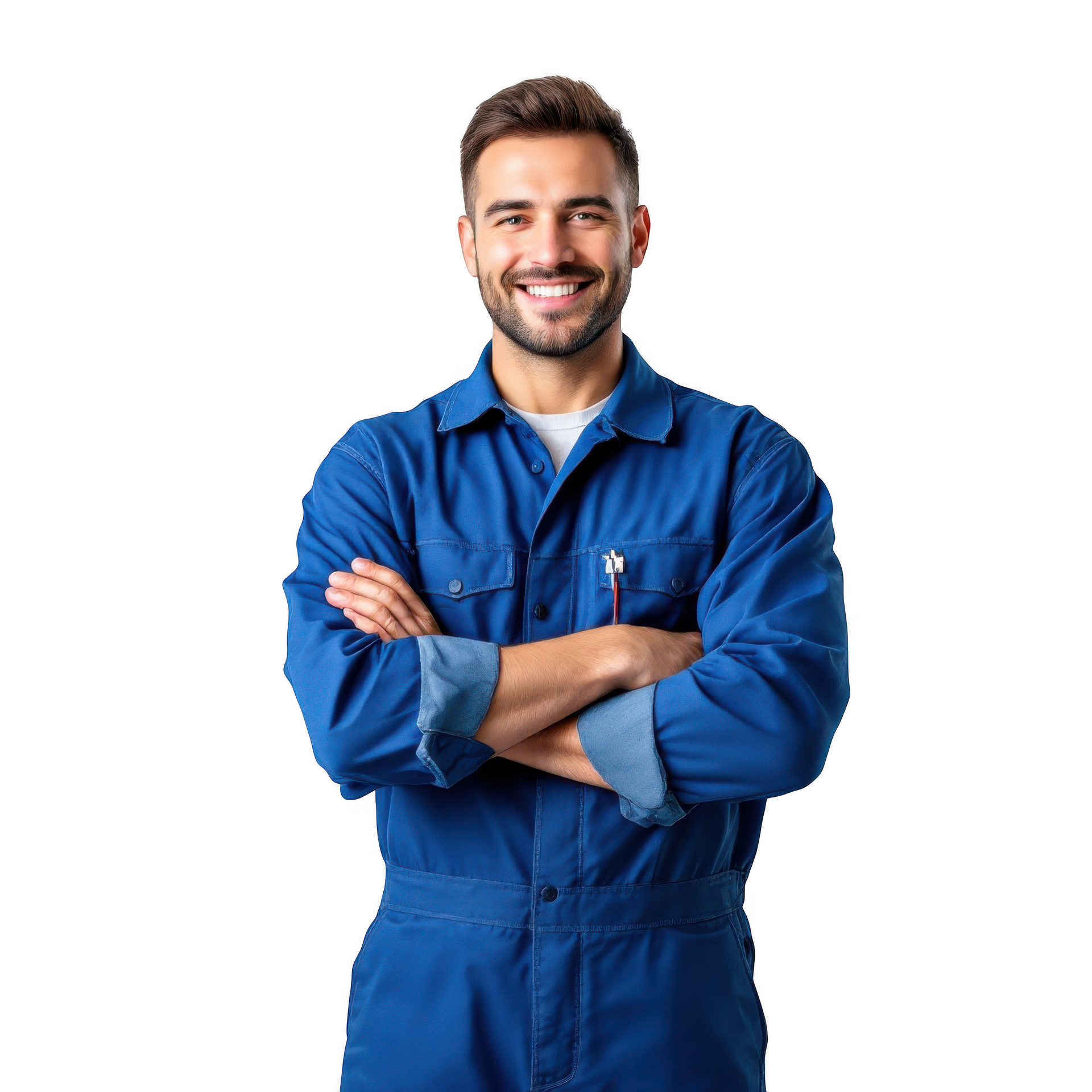 Mécanicien souriant les bas croisés en bleu de travail