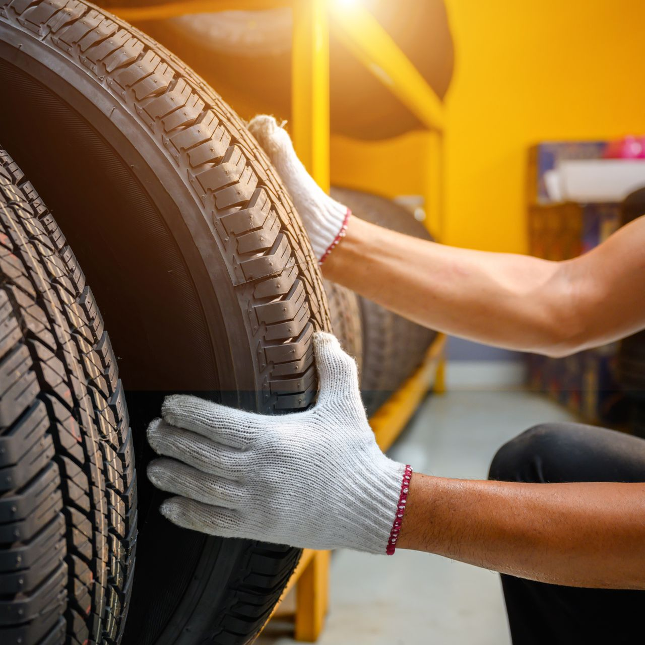 Garagiste soulevant un pneu avec des gants