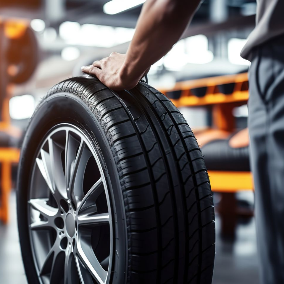 Garagiste tenant un pneu