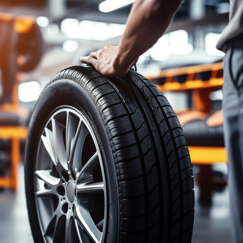Garagiste tenant un pneu debout