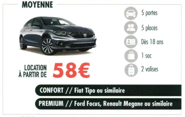 Fiche d'identité des véhicules de taille moyenne, avec photos, caractéristiques et tarifs