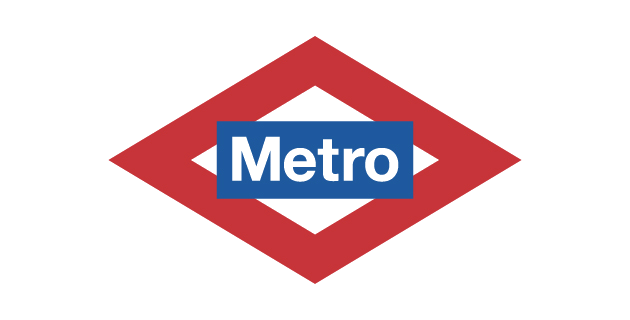 Logotipo de Metro: texto blanco sobre un rectángulo azul con el contorno de un diamante rojo.