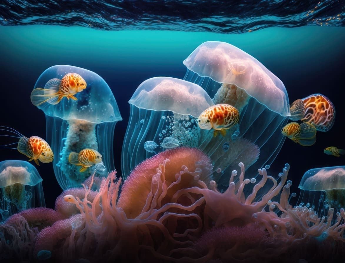 Un grupo de medusas nada alrededor de un arrecife de coral.