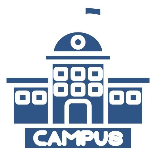 Un icono azul de un edificio escolar con la palabra campus en él.