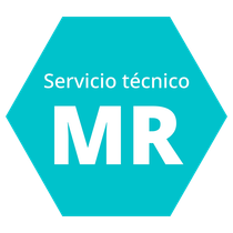 Teal hexagon with white text: "Servicio técnico MR".