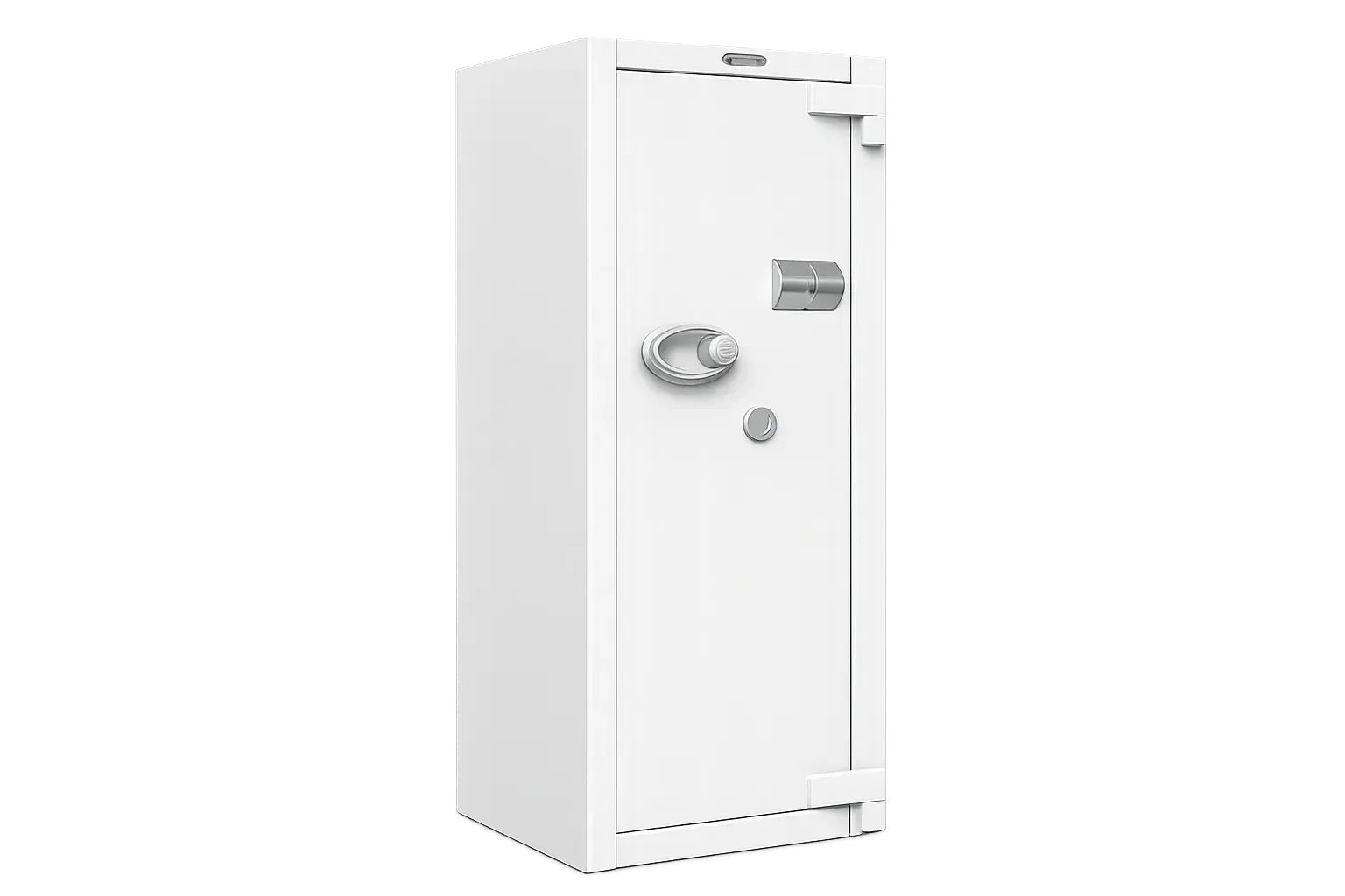 Caja fuerte alta de metal de color blanco con dial y asa combinados.