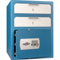 Caja fuerte de color azul y blanco con dos cajones encima de una puerta de seguridad abierta con teclado.