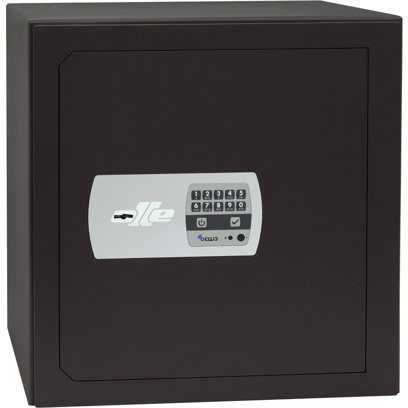 Caja fuerte de color marrón oscuro con teclado digital.