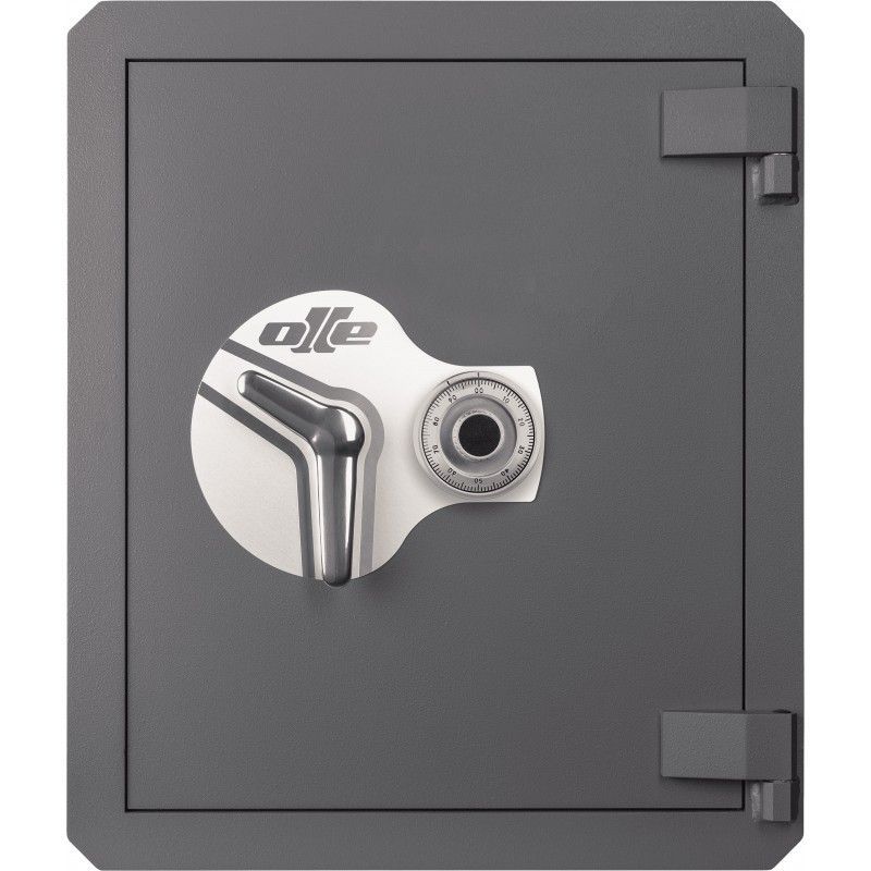 Caja fuerte Olle de color gris oscuro con esfera y asa de color blanco.