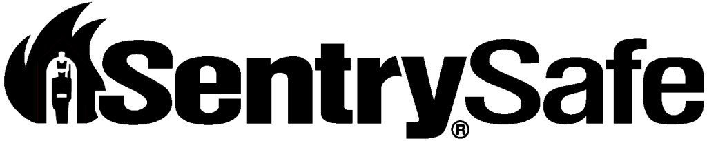 Logotipo de SentrySafe, texto negro y llamas sobre la letra "S".