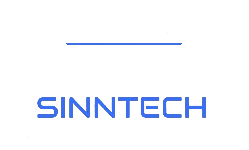 Logo von Sinntech, blauer Text mit horizontalem blauen Strich darüber.