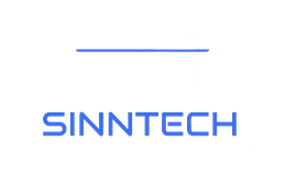 Logo von Sinntech, blauer Text mit horizontalem blauen Strich darüber.