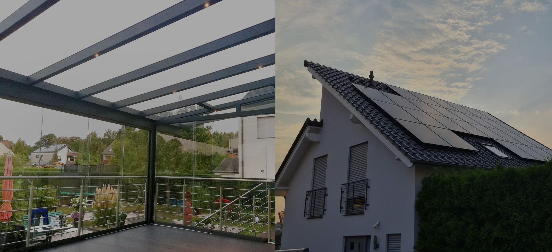 Zwei Häuser. Das linke hat eine Terrasse mit transparentem Dach. Das rechte hat Solarpaneele auf dem Dach.