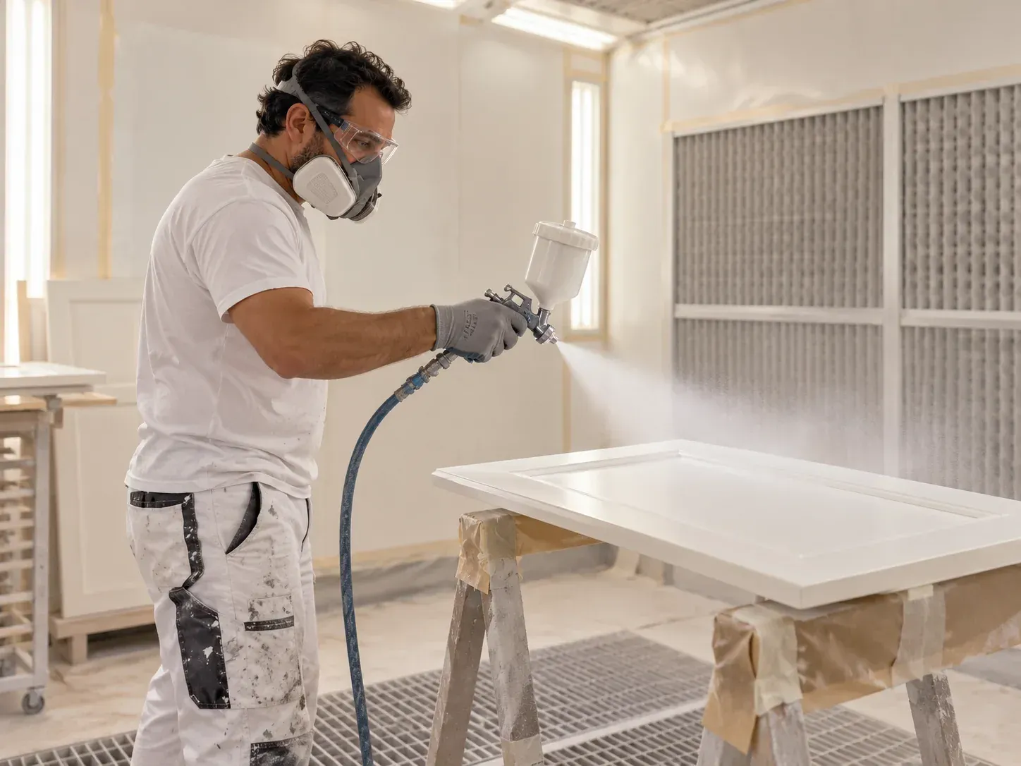 Un trabajador con un mono blanco lacando una mesa en una habitación con mascarilla