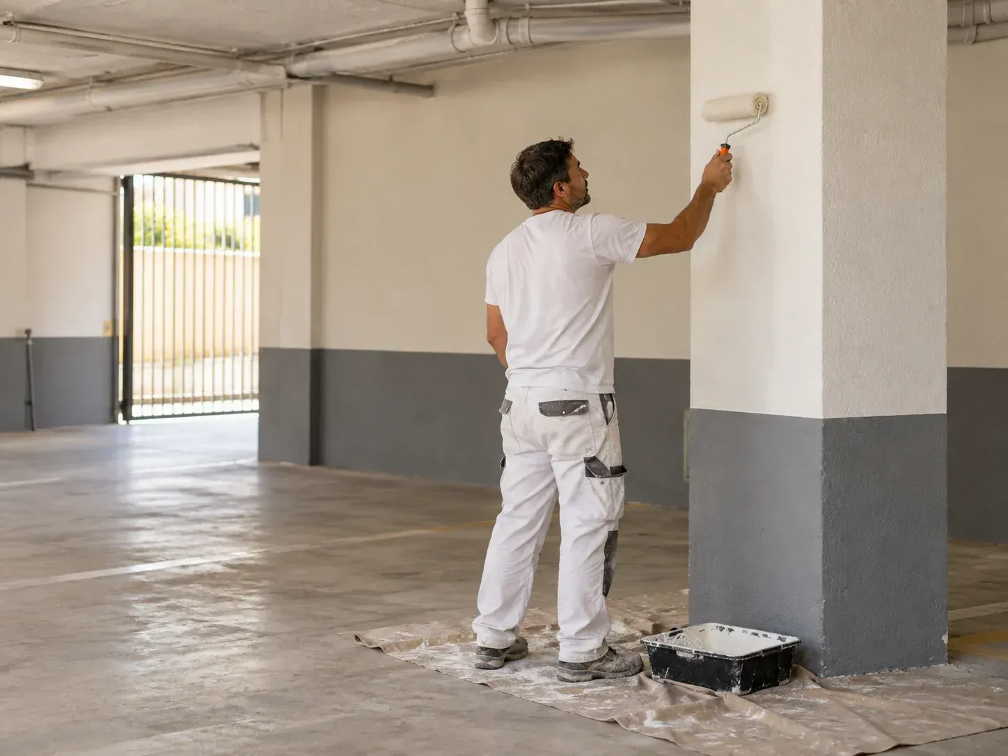 pintor pintando columna de un garaje