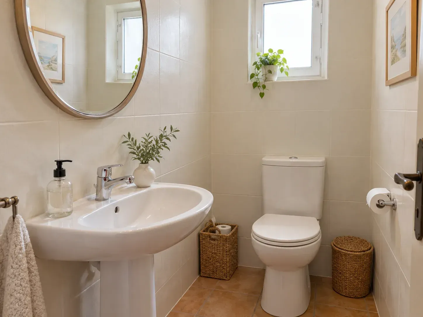 Baño con azulejos pintados en blanco
