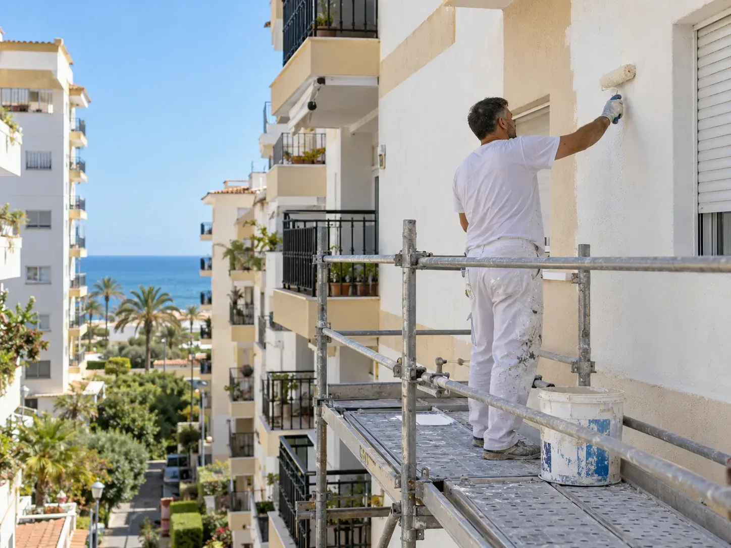 Un trabajador pintando de blanco el exterior de un edificio de apartamentos sobre un andamio, con el mar y palmeras de fondo