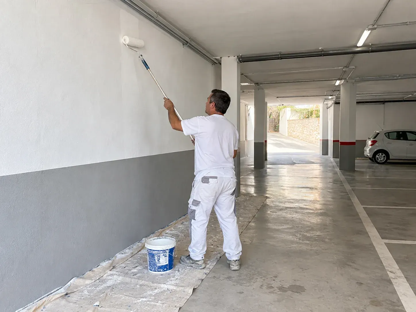 Trabajador pintando una pared blanca en un estacionamiento junto a un cubo de pintura