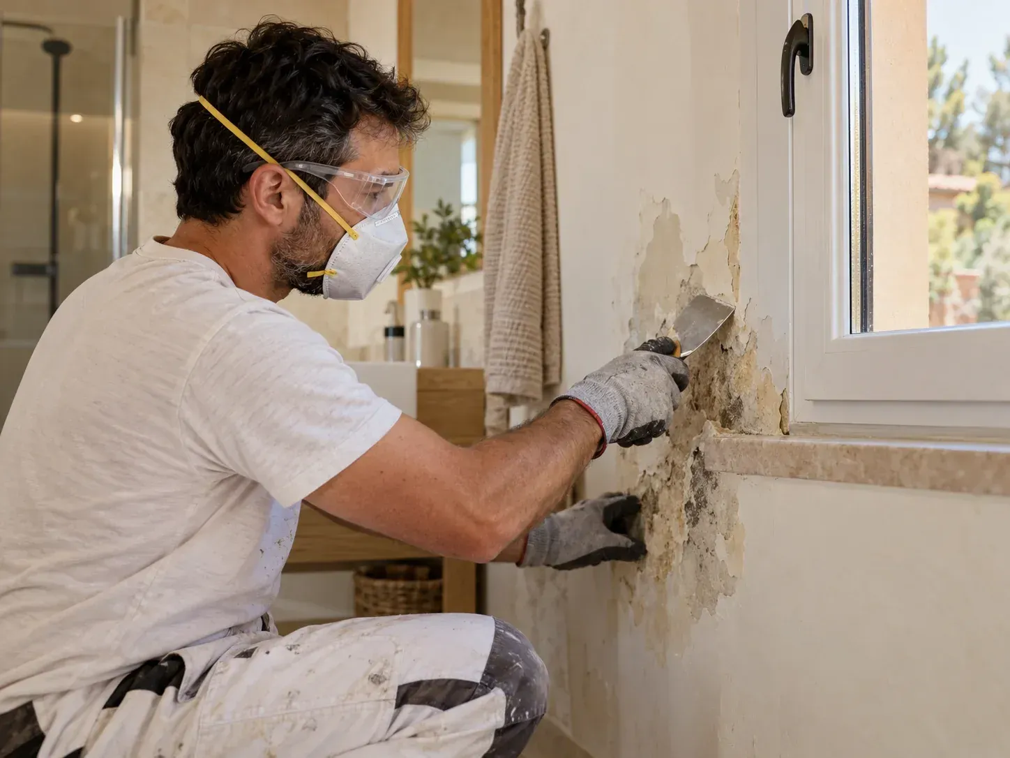 Profesional retirando pintura deteriorada de una pared afectada por humedad