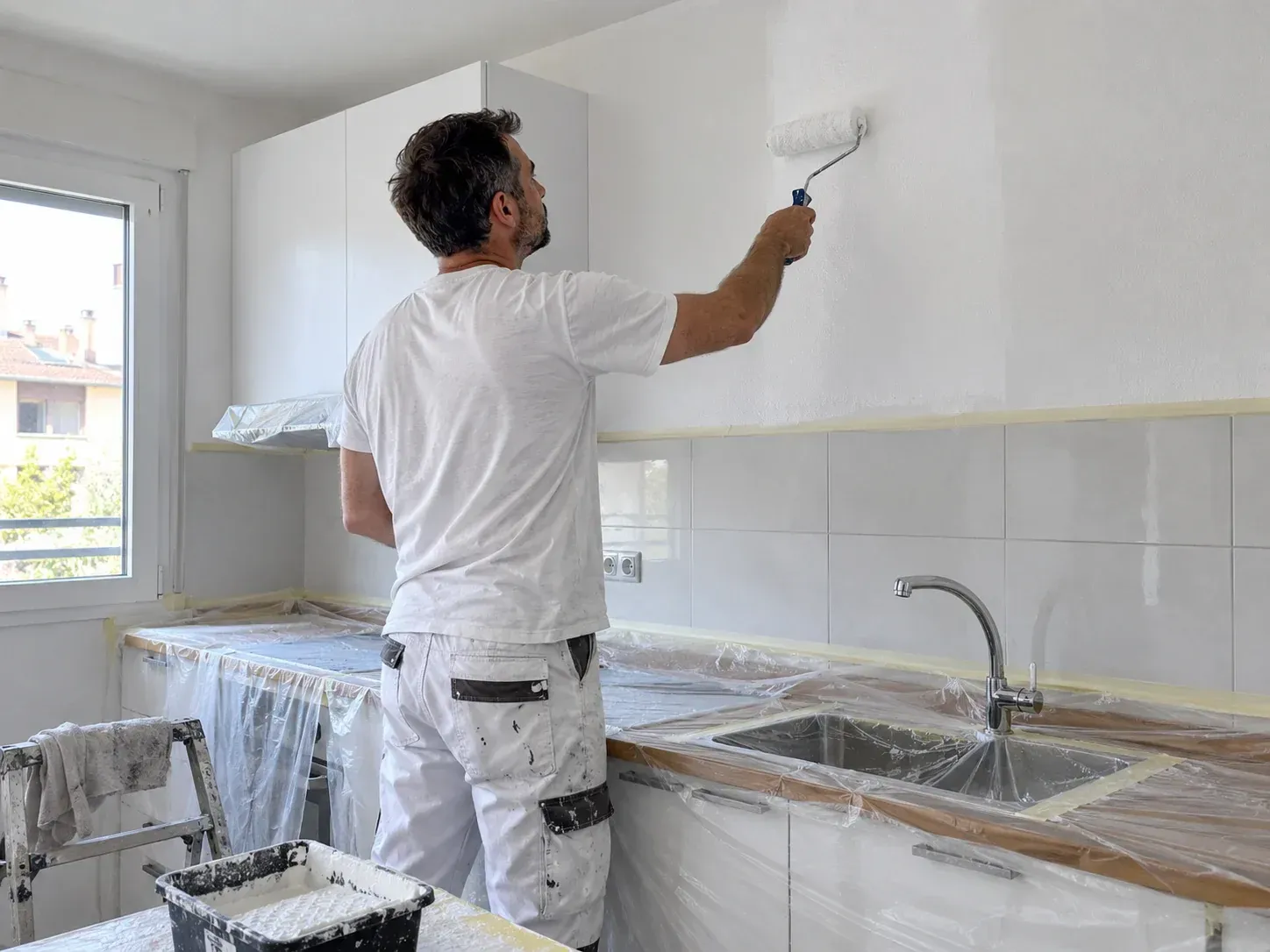 Un pintor aplica pintura blanca a una pared en una cocina luminosa