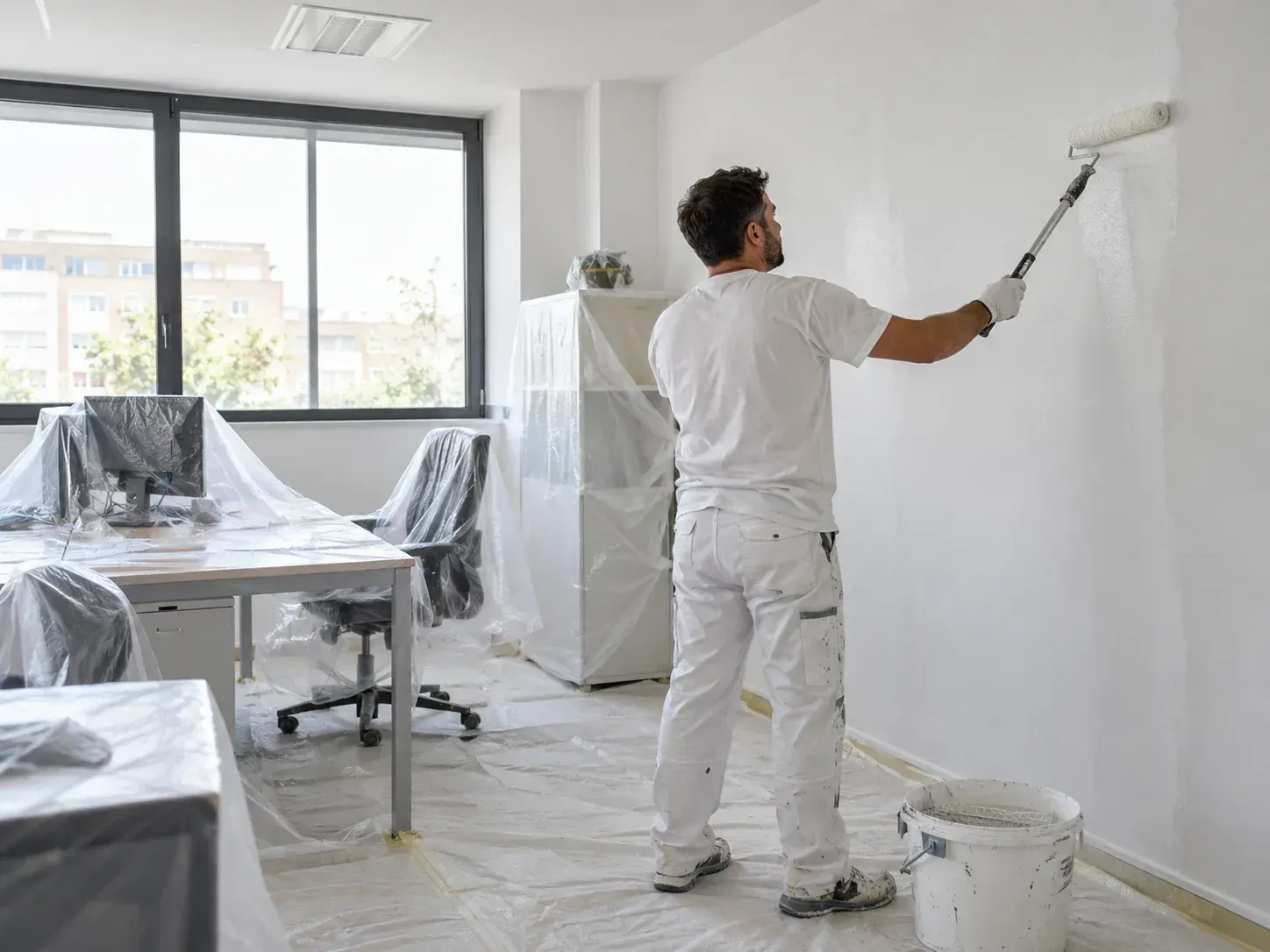 Pintor realizando trabajos de pintura interior en una oficina de Torremolinos