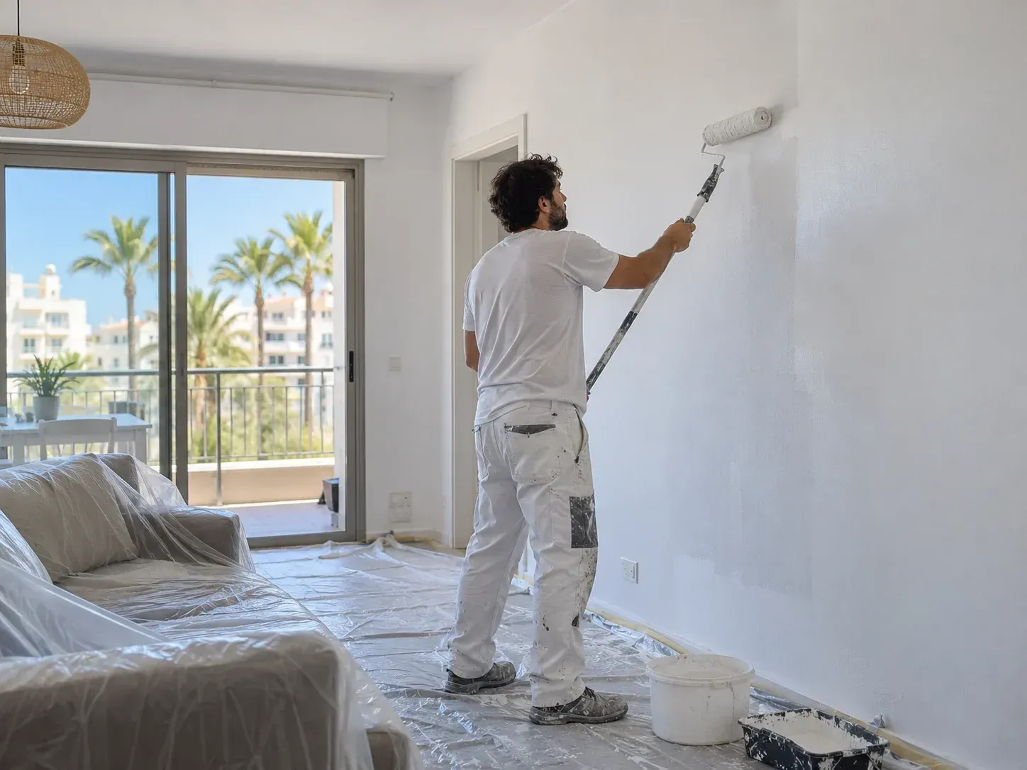 Un pintor aplicando pintura blanca con un rodillo en una pared interior de una habitación.